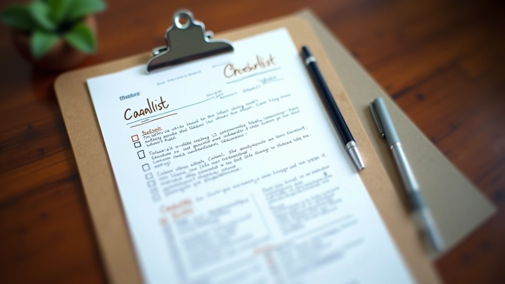 Clipboard with checklist items, pen, and notes on desk representing quality assurance and testing procedures