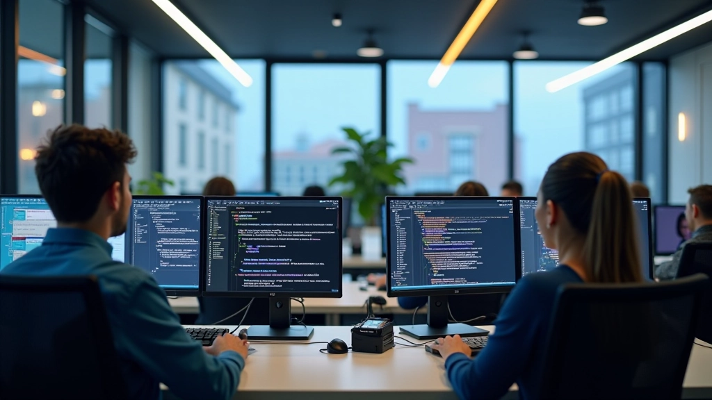 Modern game development studio with localization team working on multiple language versions
