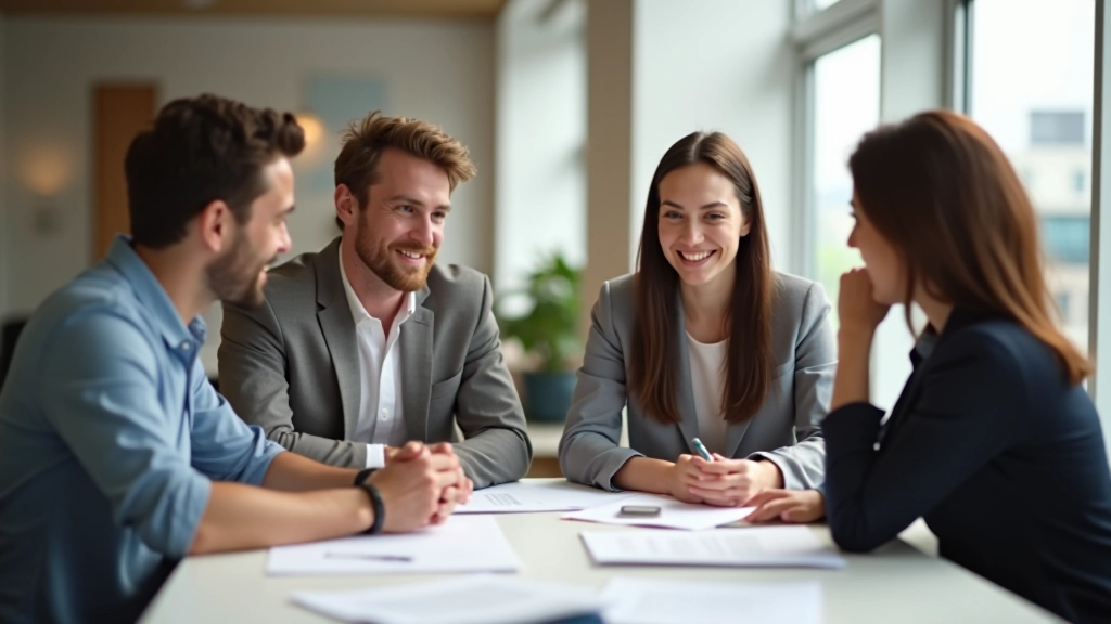 Diverse team of people in casual office setting, looking at documents and discussing, representing international collaboration