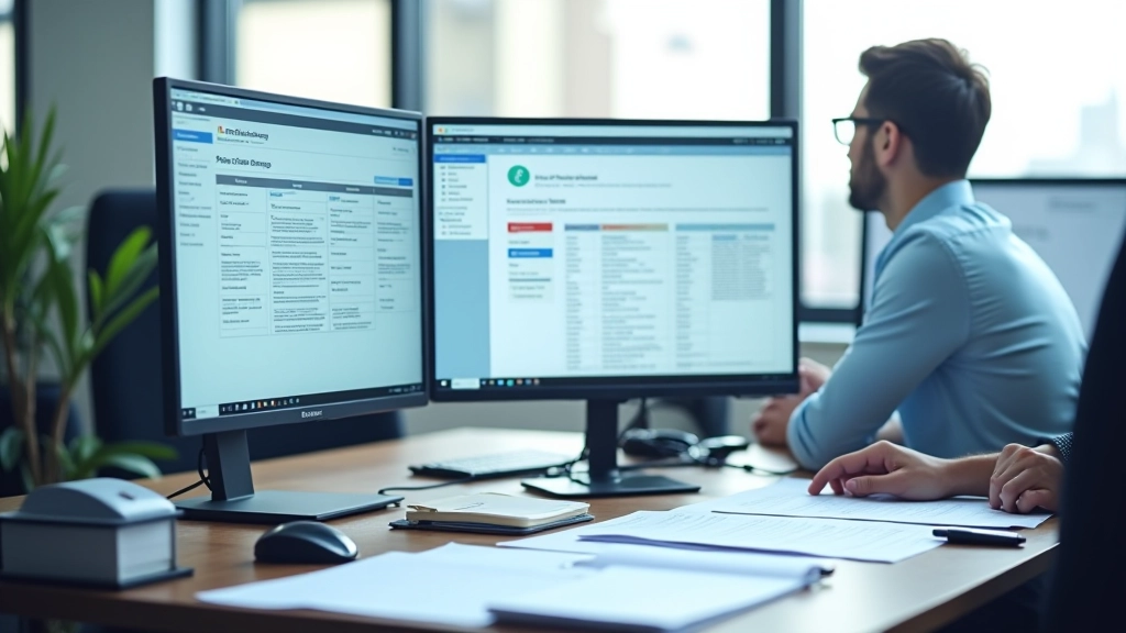 Professional workspace showing translation software, multiple language documents, and organized project management system